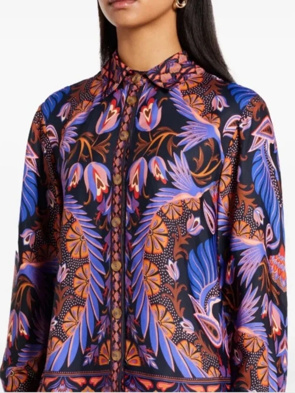 FARM RIO NWT Black Heart Forest Long Sleeve Button Cuff Blouse